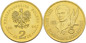 Польша 2 злотых 2004 MW, бригадный генерал Станислав Сосабовский (1892-1967) KM 499 нордик 4589-531