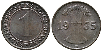 ГЕРМАНИЯ 1 РЕЙХСПФЕННИГ 1935 D KM 37, J. 313 бронза 39-1114