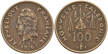 Французская Новая Каледония 100 франков 1976 хижина среди сосен и пальм, (IEOM) KM 15, Schoen 16, Lec 130 никель латунь 4137-533