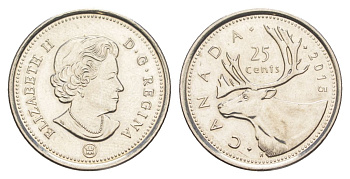Канада 25 центов 2015 Leaf, Елизавета II (1952-2022), олень KM 2296 сталь плакированная никелем UNC 4631-735