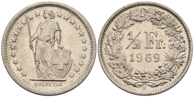 Швейцария 1/2 франка 1969 В KM 23а медно-никель 4585-254