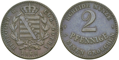 Саксен-Кобург и Гота 2 пфеннига 1868 В KM 110а медь 99-744