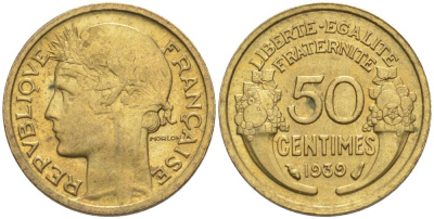 ФРАНЦИЯ 50 САНТИМОВ 1939 ТИП MORLON KM 894.1, LE FRANC 192.15 алюминиевая бронза 44-842