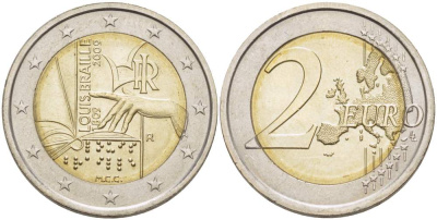 Италия 2 евро 2009 200 ЛЕТ СО ДНЯ РОЖДЕНИЯ ЛУИ БРАЙЛЯ KM 310 биметалл UNC 4514-952