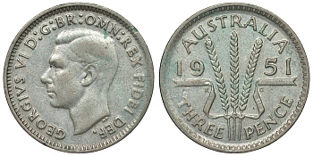 Австралия 3 пенса 1951 m, Георг VI (1937-1952), без букв KM 44 серебро 71-353
