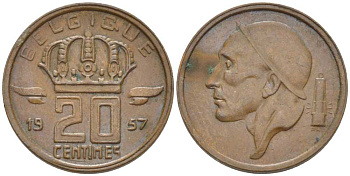 БЕЛЬГИЯ 20 САНТИМОВ 1957 BELGIQUE, БОДУЭН I (1951-1993) KM 146 бронза 116-948