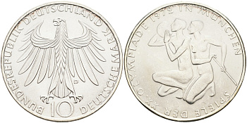 ФРГ 10 марок 1972 D, XX летние Олимпийские Игры, Мюнхен 1972, спортсмены KM 132, J.403 серебро UNC 4558-231
