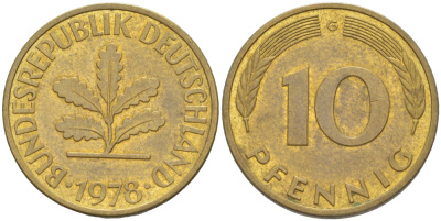 ФРГ 10 ПФЕННИГОВ 1978 G KM 108, J. 383 сталь плакированная латунью 4182-857