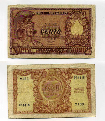 Италия 100 лир 1951 Афина в шлеме, Bolaffi, Cavallaro Pick 92 a бумага 450-82-2