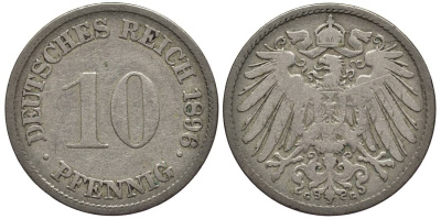 ГЕРМАНИЯ 10 ПФЕННИГОВ 1896 G KM 12, Jager 13, Weege 8 медно-никель 4538-832