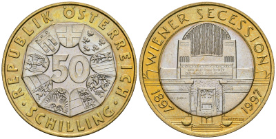 Австрия 50 шиллингов 1997 100 лет Венскому сецессиону KM 3044 биметалл UNC 221-516