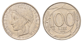 Италия 100 лир 1996 R, дельфины KM 159 медно-никель 4148-833