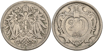 Австрия 20 геллеров 1893 Франц Иосиф (1848-1916) KM 2803 никель 4152-127