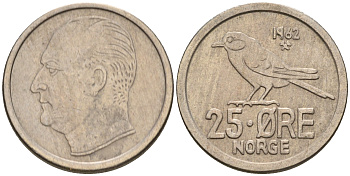 Норвегия 25 эре 1962 Улаф V (1958-1991), синица KM 407 медно-никель 4608-346