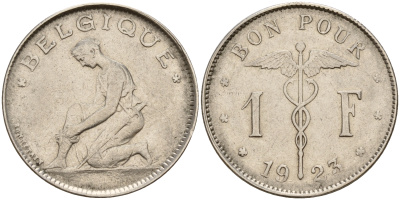 Бельгия 1 франк 1923 Belgique, Альберт I (1909-1934) KM 89 никель    4161-1213