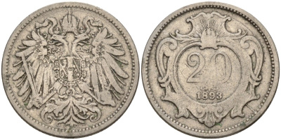 Австрия 20 геллеров 1893 Франц Иосиф (1848-1916) KM 2803 никель 4152-127