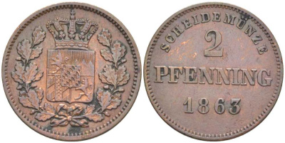 Бавария 2 пфеннига 1863 Максимилиан II (1848-1864) KM 472 медь 201-1028