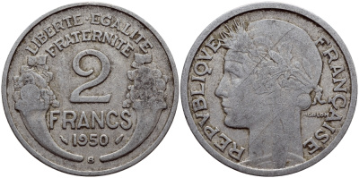Франция 2 франка 1950 В KM 886а.2, Le Franc 269.17 алюминий 08-634