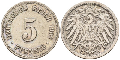 Германия 5 пфеннигов 1907 D KM 11, J. 12 медно-никель 4151-462