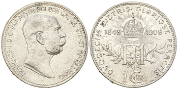 Австрия 1 крона 1908 Франц Иосиф I (1848-1916), 60 лет правлению KM 1808 серебро aUNC 4615-129