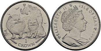 Остров Мэн 1 крона 2009 кошка-шиншилла с котенком КМ 1416 медно-никель UNC M92-18