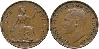 Великобритания 1 пенни 1945 Георг VI (1936-1952) КМ 845, Spink 4114 бронза 115-423