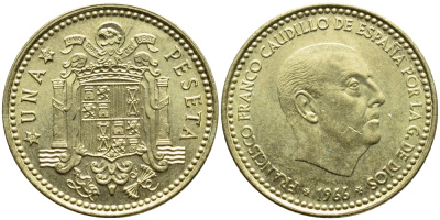 ИСПАНИЯ 1 ПЕСЕТА 1966 (69) ФРАНСИСКО ФРАНКО ДИКТАТОР ИСПАНИИ (1939-1975) КМ 796 алюминиевая бронза 4395-346