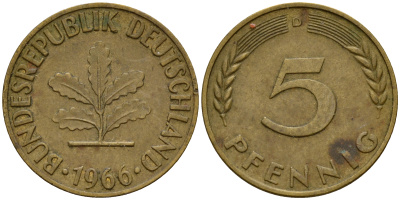 ФРГ 5 пфеннигов 1966 D J.382, KM 107 сталь плакированная латунью    4598-815