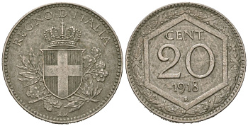 Италия 20 чентезимо 1918 R, Виктор Эммануил III (1900-1946) KM 58 медно-никель 4615-628