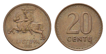 Литва 20 центов (сентов) 1991 KM 89 бронза 201-611