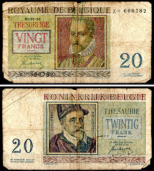 Бельгия 20 франков 1956 Pick 132 b бумага 8604-12-3-1