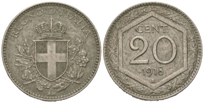 Италия 20 чентезимо 1918 R, Виктор Эммануил III (1900-1946) KM 58 медно-никель 4615-628