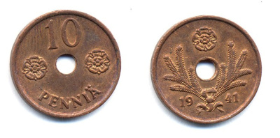 ФИНЛЯНДИЯ 10 ПЕННИ 1941 KM 33.1 медь 51-4936