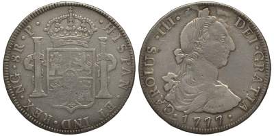 Гватемала 8 реалов 1777 P, Карл III KM 36.2 серебро 00-811-34