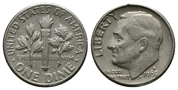 США 10 ЦЕНТОВ = 1 ДАЙМ 1969 D, РУЗВЕЛЬТ KM 195а медь плакированная медно-никелем 89-634