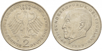 ФРГ 2 МАРКИ 1969 F, КОНРАД АДЕНАУЭР KM 124, J. 406 медно-никель плакированный никелем плакированный никелем 3996-612