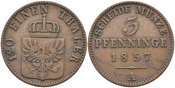 ПРУССИЯ 3 ПФЕННИГА 1857 А, ФРИДРИХ ВИЛЬГЕЛЬМ (1840-1861) KM 453 медь 117-1044