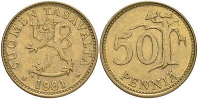 ФИНЛЯНДИЯ 50 ПЕННИ 1981 K KM 48 алюминиевая бронза 4556-221