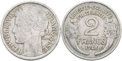 Франция 2 франка 1948 KM 886а.1 алюминий 4402-947
