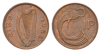 Ирландия 1 пенни 1988 мифологическая птица лира KM 20 бронза 4690-454