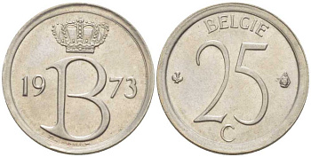 БЕЛЬГИЯ 25 САНТИМОВ 1973 BELGIE, БОДУЭН I (1951-1993) KM 154.1 медно-никель 214-153