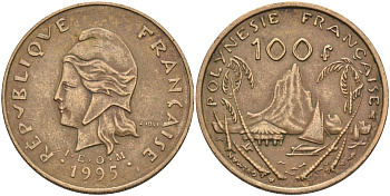 Французская Полинезия 100 франков 1995 KM 14 никель-бронза 4131-1034