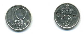 Норвегия 10 эре 1977 Улаф V (1957-1991) KM 416 медно-никель 4364-941