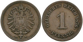 Германия 1 пфенниг 1876 D, Вильгельм I (1871-1888) KM 1, J. 1 медь 4173-1046