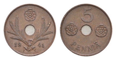 Финляндия 5 пенни 1941 KM 64 медь 4647-252