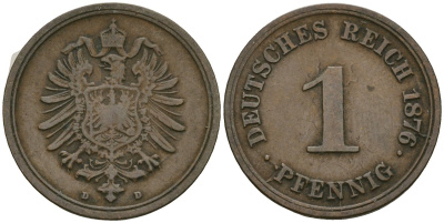 Германия 1 пфенниг 1876 D, Вильгельм I (1871-1888) KM 1, J. 1 медь 4173-1046