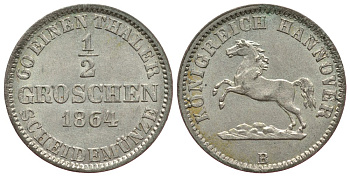 Брауншвейг-Каленберг-Ганновер 1/2 грошена 1864 В, Георг  V (1851-1866) KM 235, AKS 149 серебро  aUNC  413-2814
