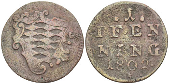 Бавария 1 пфенниг 1802 Максимилиан IV (1799-1825) КМ 306, AKS 28 медь 201-239