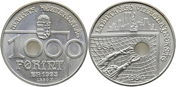 Венгрия 1000 форинтов 1993 ВР, чемпионат мира по футболу В США KM 706 серебро UNC 11-178-31