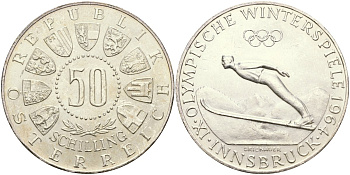 Австрия 50 шиллингов 1964 Зимняя Олимпиада 1964 года в Инсбруке, прыжки с трамплина KM 2896 серебро UNC 04-324-42